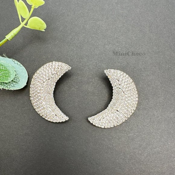 Crescent Moon Rhinestone Stud Earrings - Picture 4 of 9